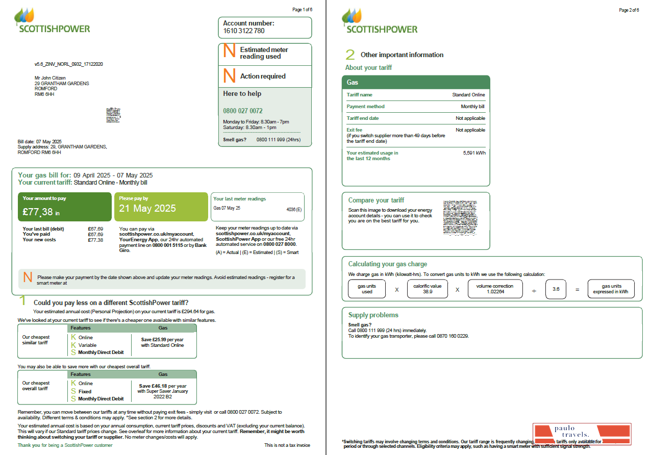 Scotland Scottish Power utility bill template in Word and PDF formats, 6 pages, 1 2 pages